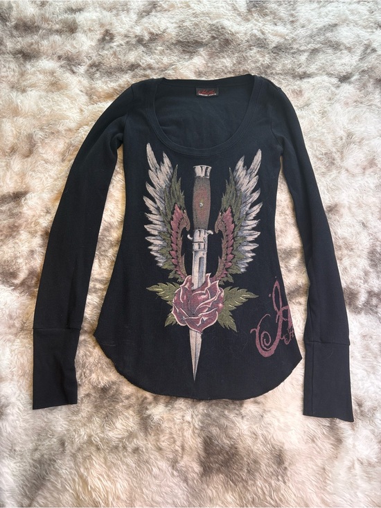 Hustler Hollywood Tops - Rare VintageY2K Hustler Black Long Sleeve Graphic Tee with Rose & Dagger